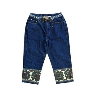 Liz Claiborne Blue Denim Ankle/Cropped Jeans, Paisley Pant Cuffs, Geometric Belt